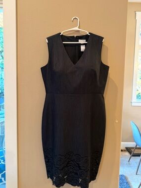 Calvin Klein Navy Blue V-Neck Sheath Dress with Lace Trim